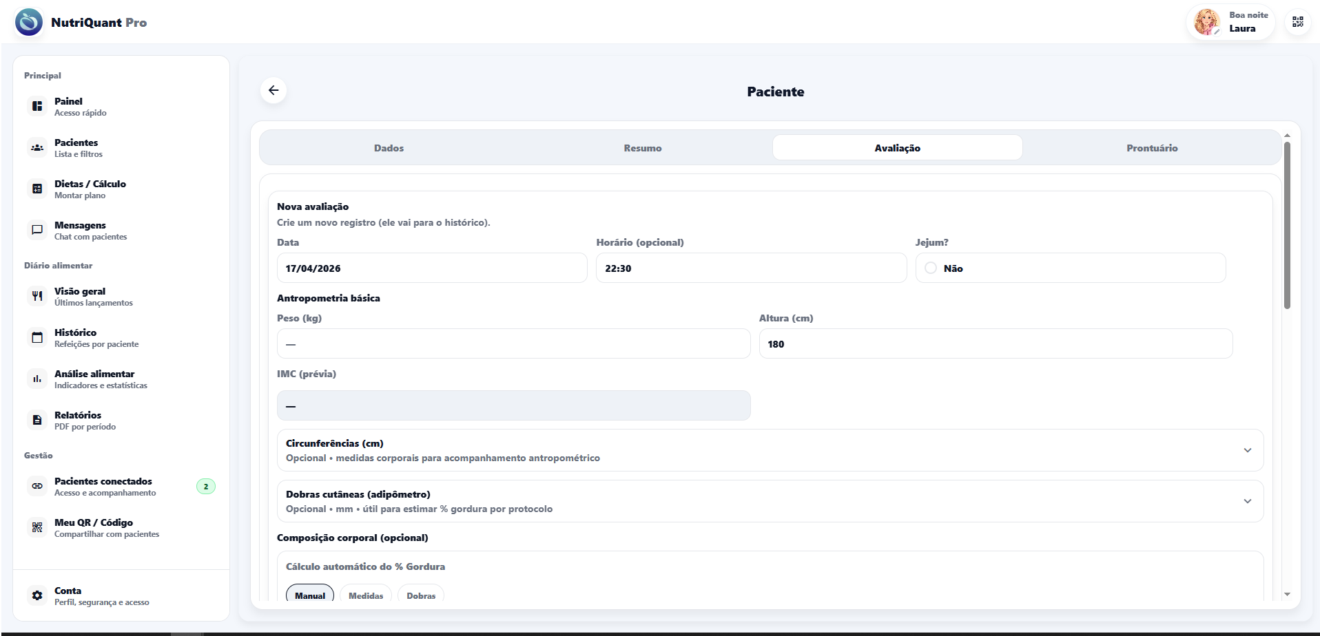 Resumo do paciente com gráfico de evolução