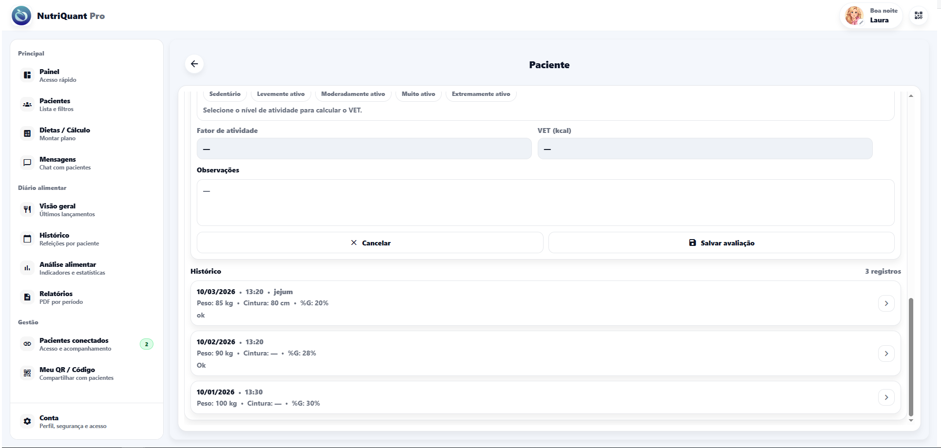 Tela de avaliação do paciente no NutriQuant Pro
