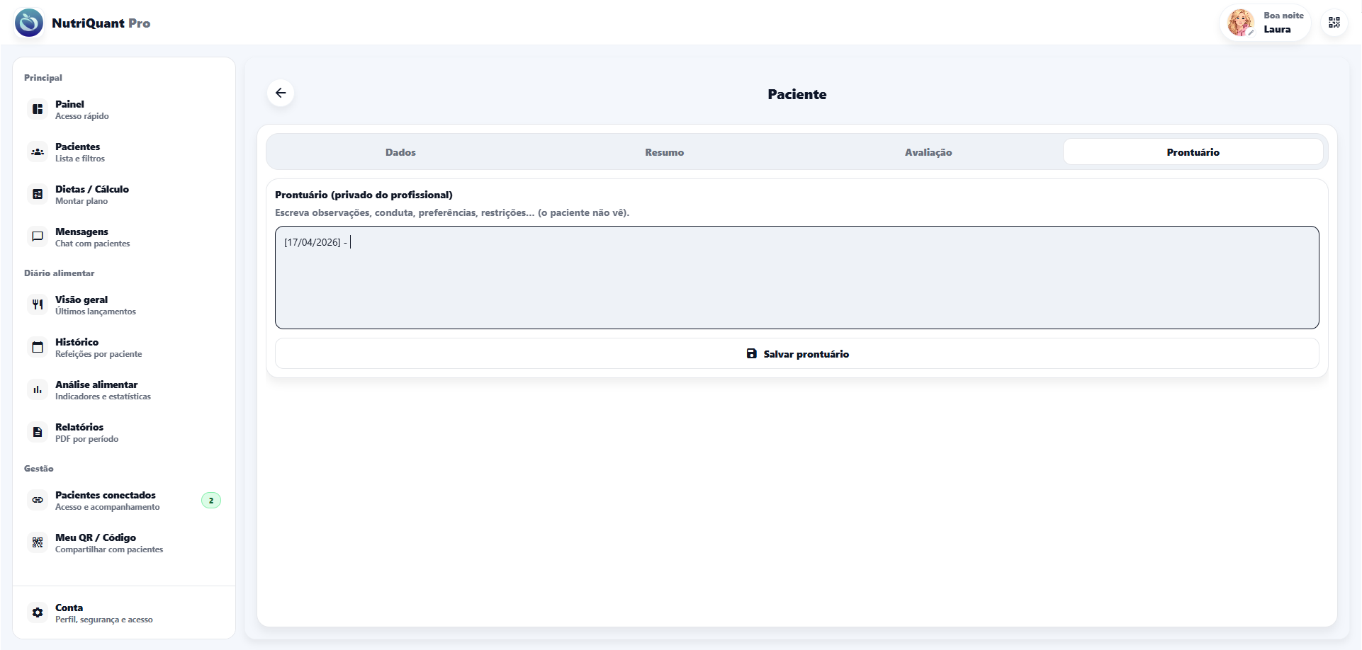 Tela de prontuário do paciente no NutriQuant Pro