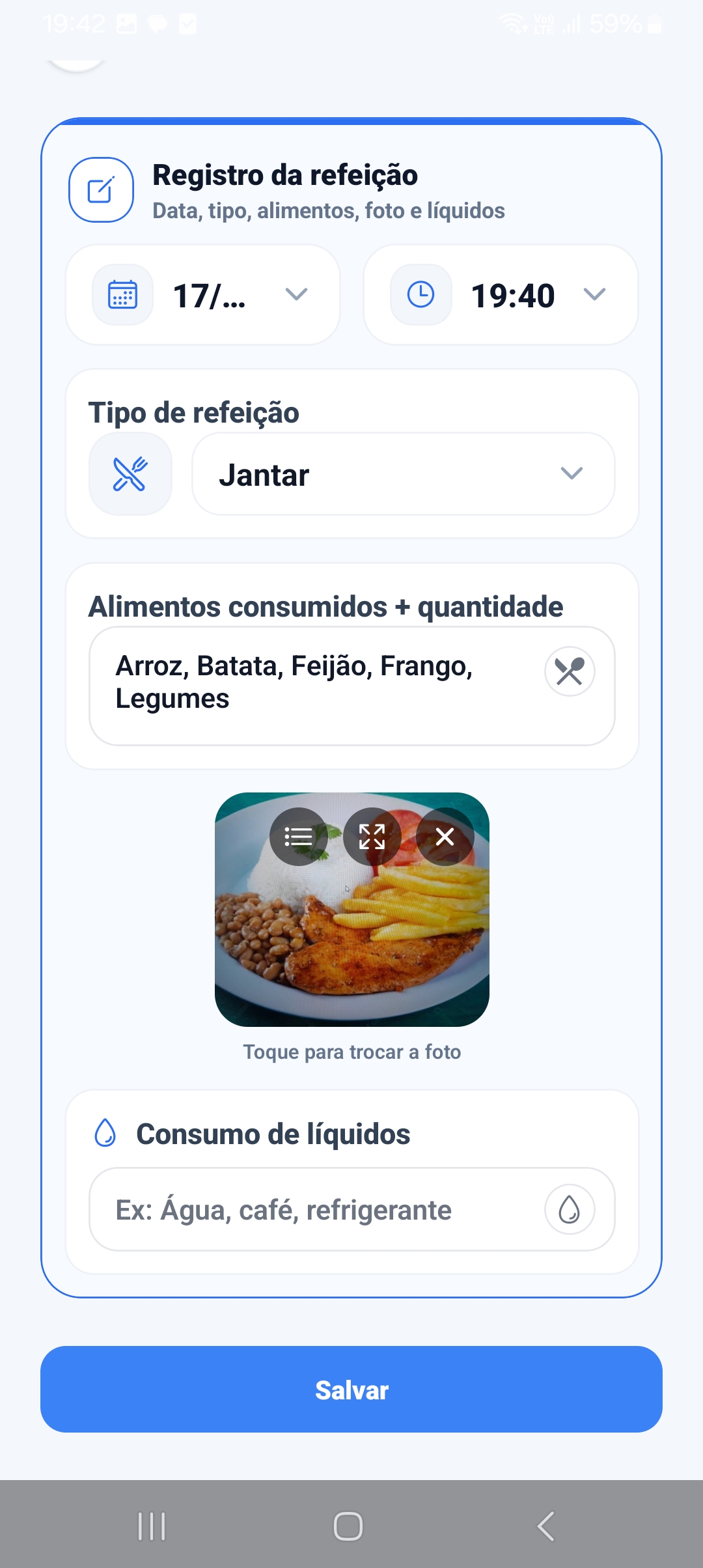 Tela de registro da refeição no app do paciente