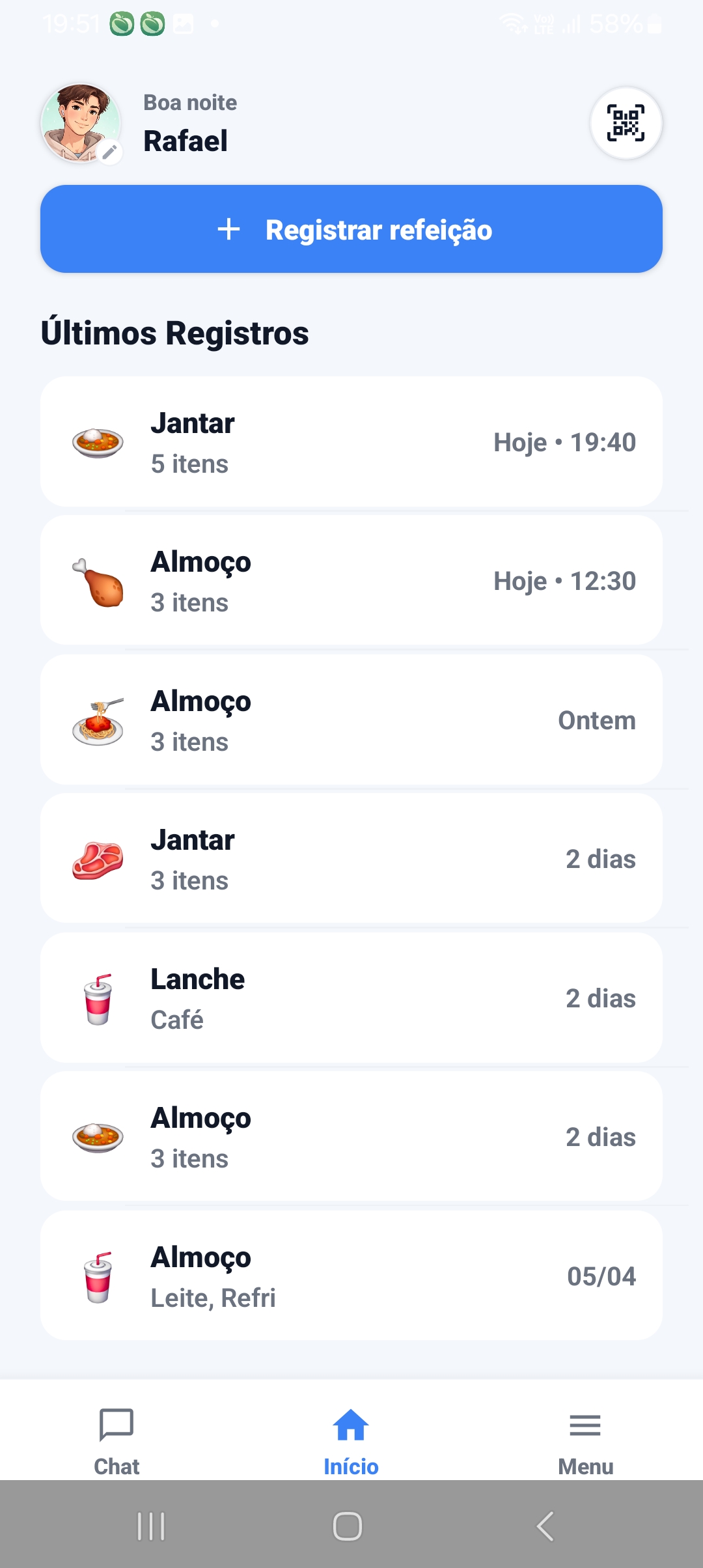Tela inicial do app do paciente com últimos registros