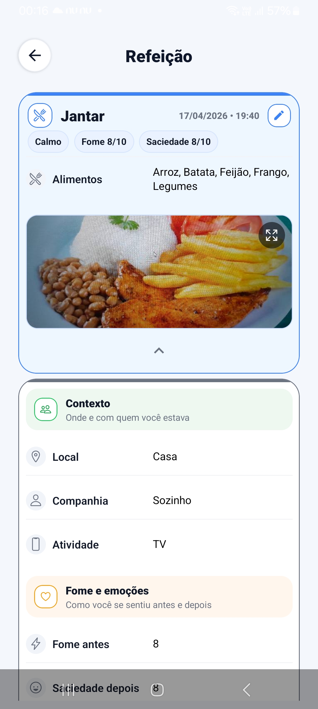 Tela de detalhes da refeição