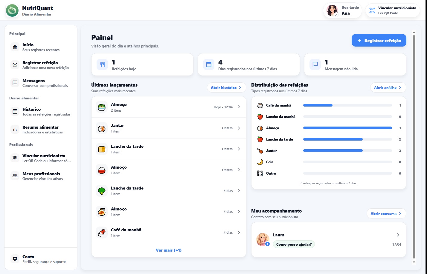 Tela inicial do Diário Alimentar com últimos registros no sitema web