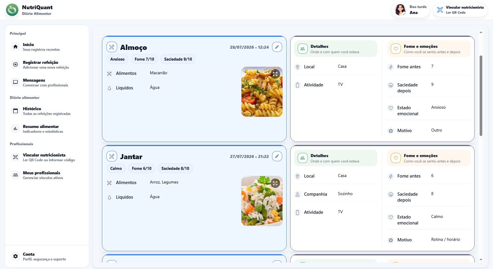 Tela de registro da refeição no Diário Alimentar sitema web