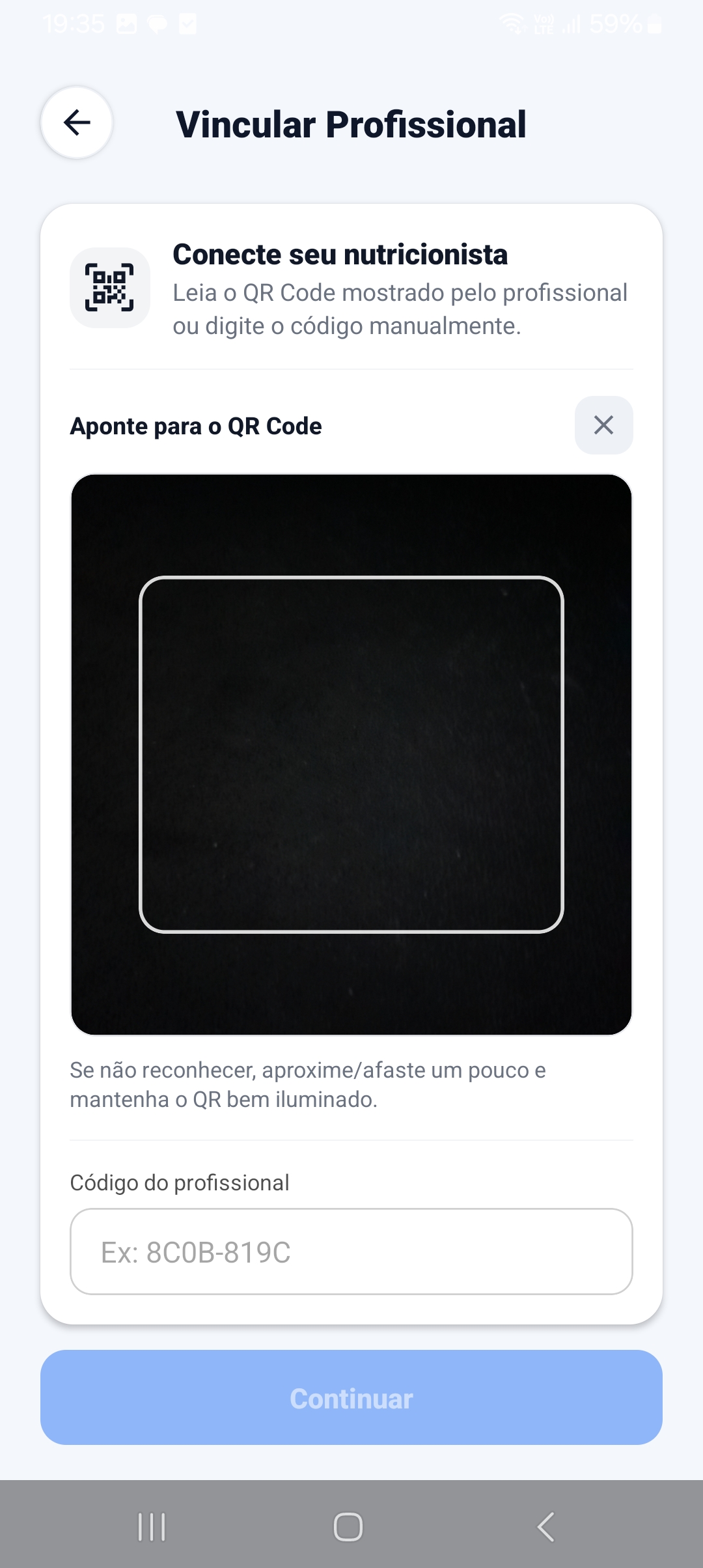 Tela de vincular profissional por QR code