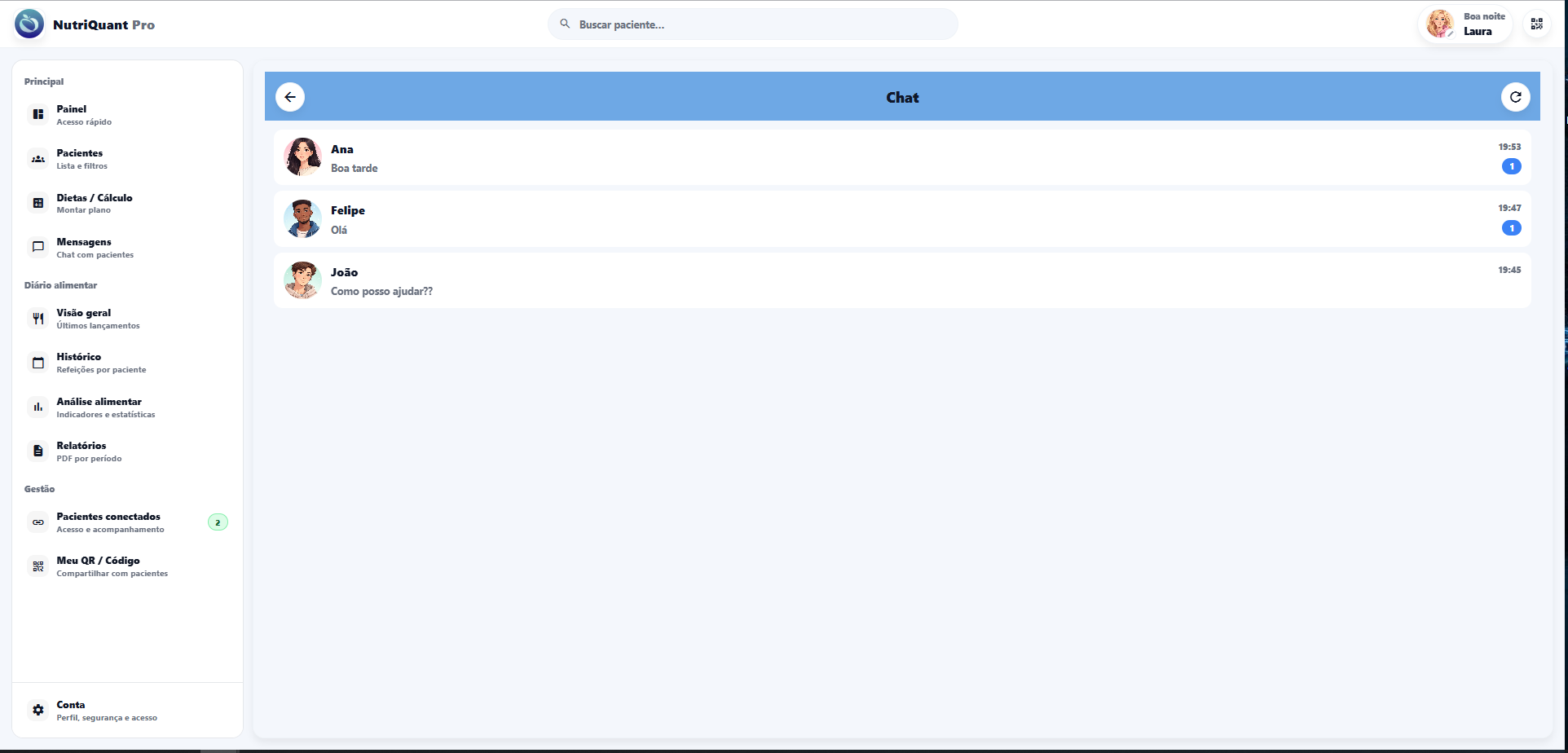 Tela de estatísticas do app do paciente