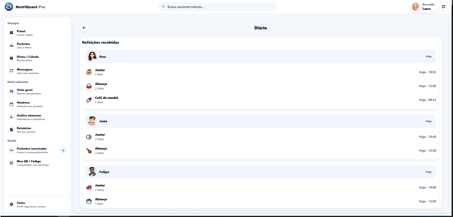 Tela de diário alimentar do profissional