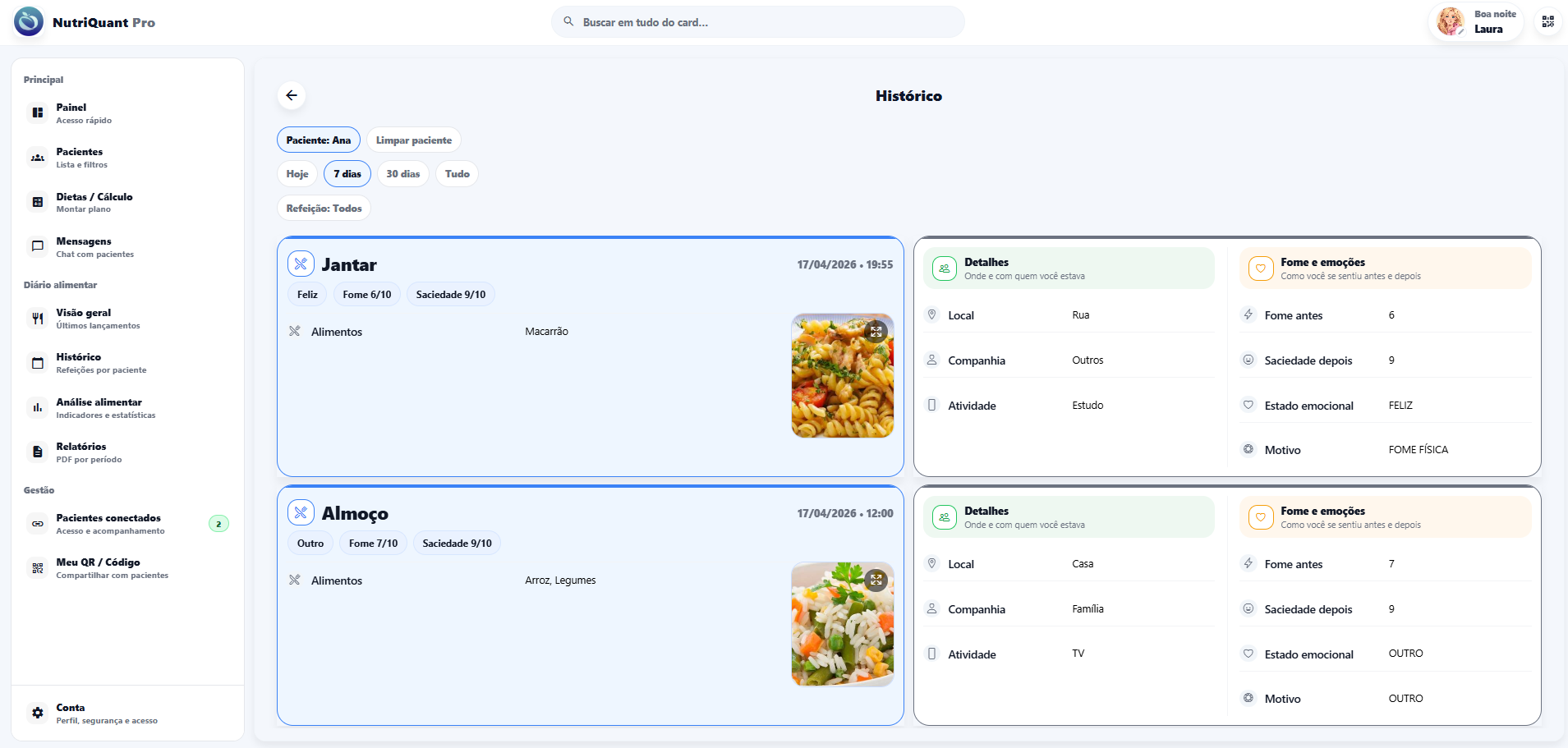Tela de histórico alimentar do profissional