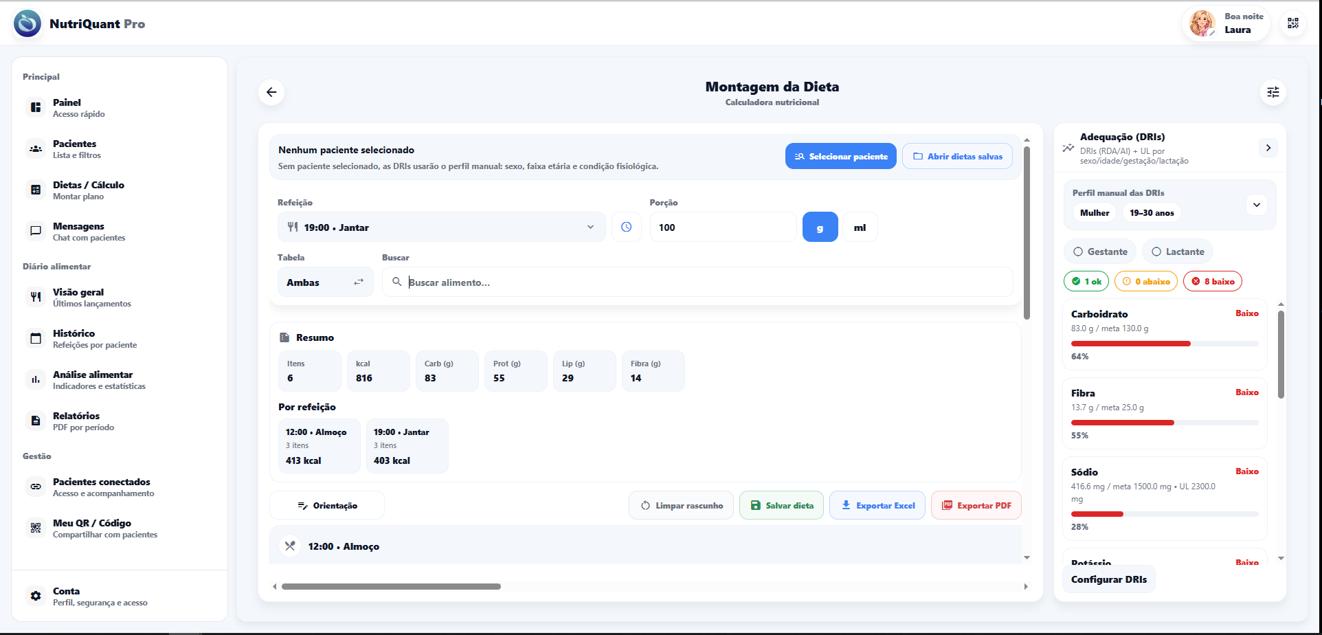 Montagem da dieta com resumo nutricional