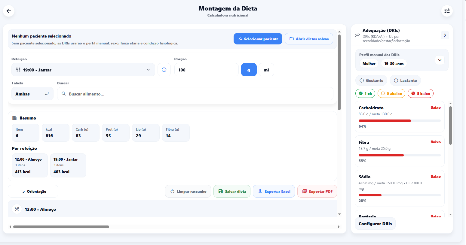 Tela de montagem da dieta