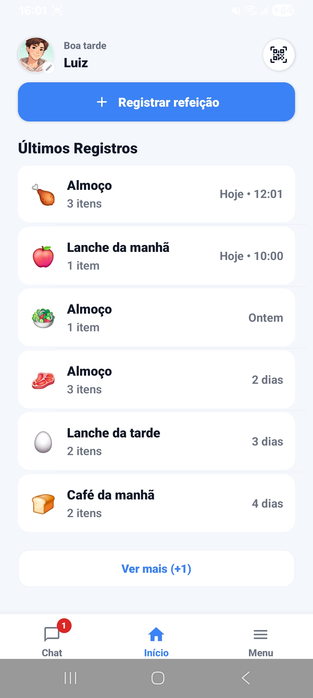 Tela inicial do Diário Alimentar no aplicativo Android