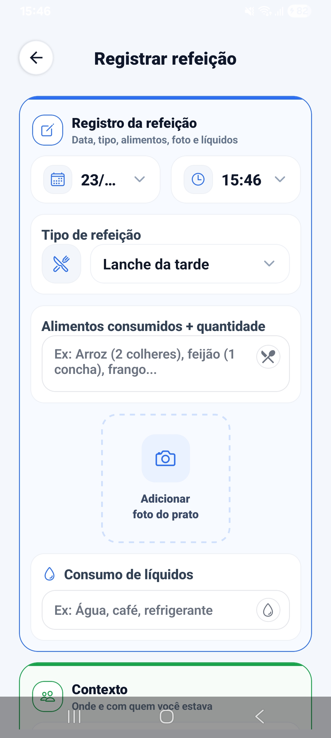 Registro de refeição no aplicativo Diário Alimentar