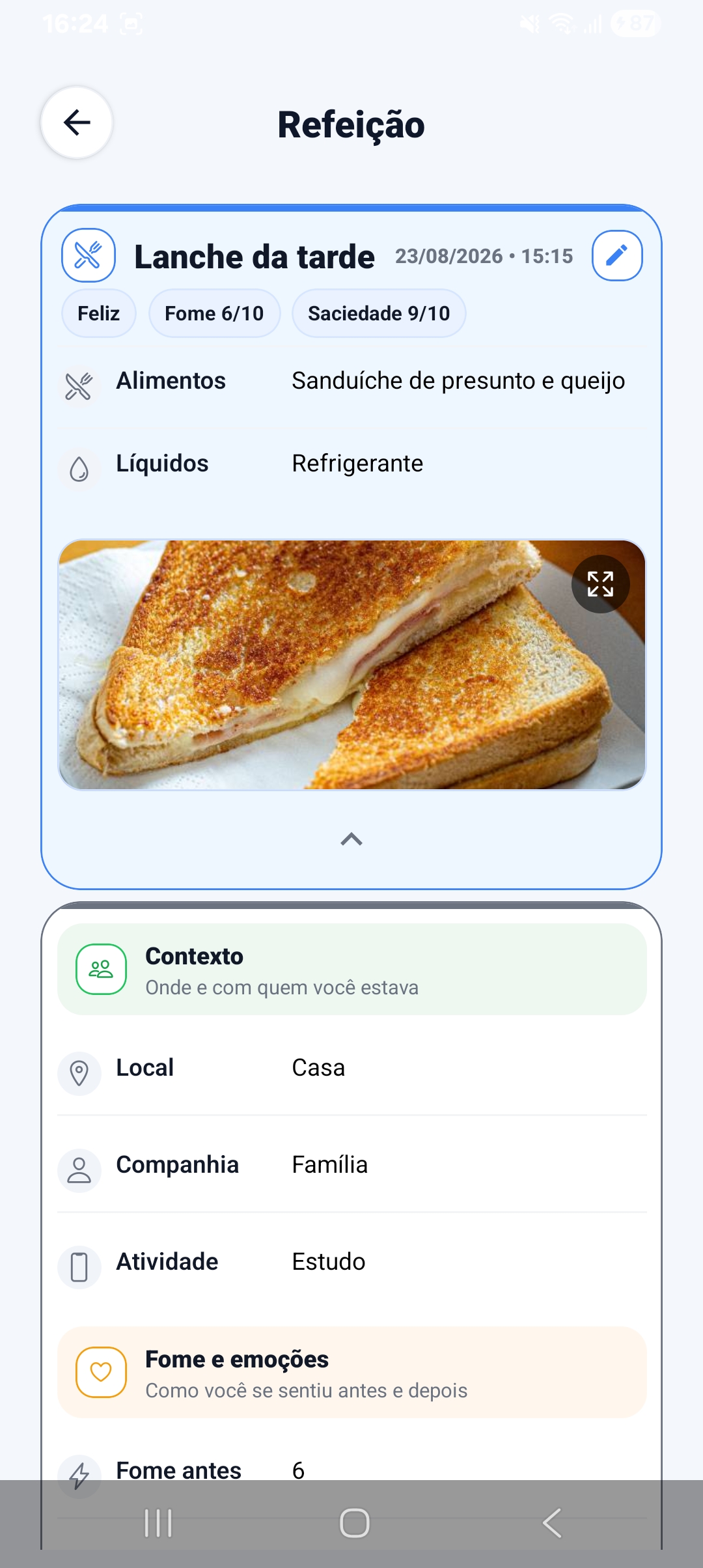 Detalhes de refeição com fotos